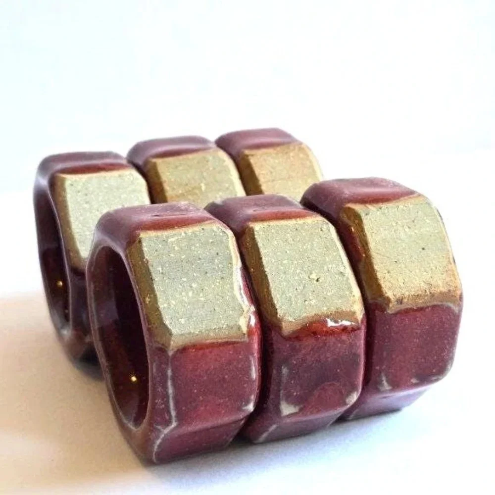 Set of 6 Unique Ceramic Napkin Rings, Burgundy & Beige, Table‎ Decor